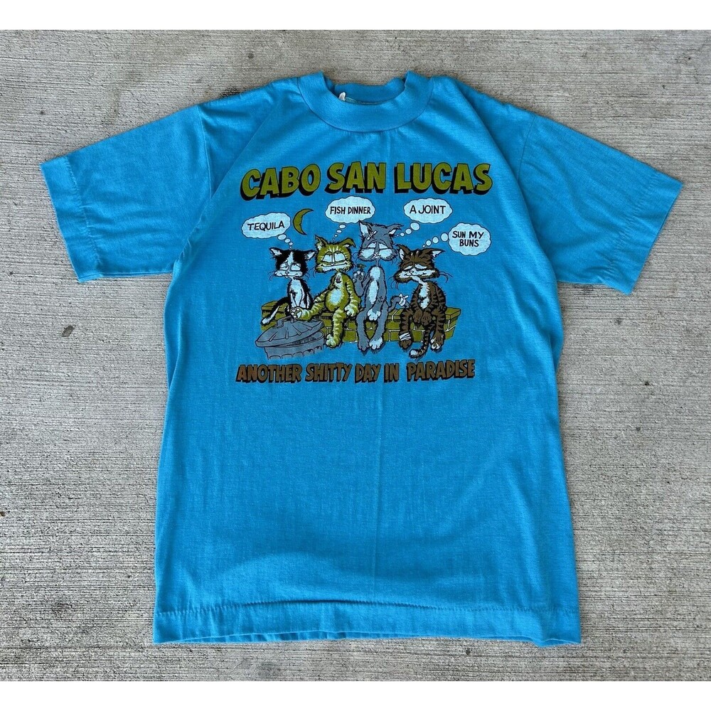VTG 90s Cabo San Lucas Cat Shirt Blue Size M FUNNY Single Stitch